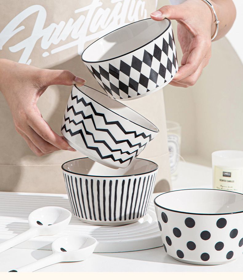 Minimalistisches Keramikschüssel-Set – 6-teilige schwarz-weiße Reisschüsseln (mikrowellen-/spülmaschinenfest) – Modernes Geschirr für Sushi und Ramen_voghion.com