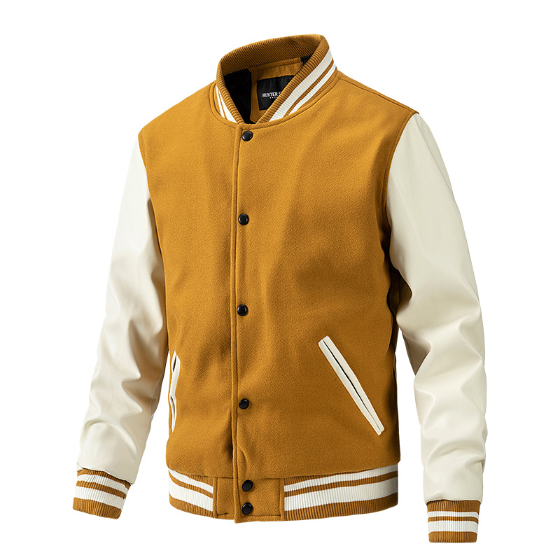 Herbst Winter Mode im amerikanischen Stil Baseballjacke Wolle PU Ärmel Mantel Casual Herrenbekleidung_voghion.com