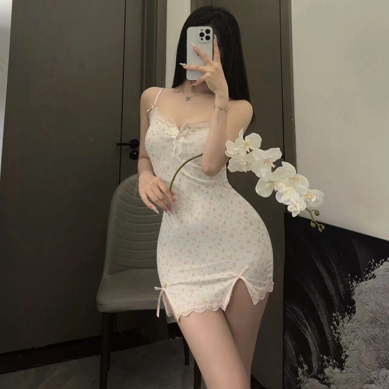 Piccola, fresca, sexy, pura voglia, taglia grande, camicia da notte floreale con spacco, dolce tentazione, semplice, stile caldo, abito senza schienale per donna_voghion.com