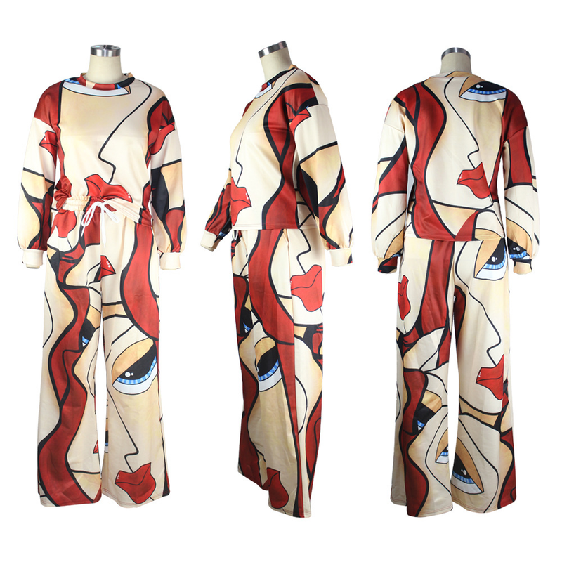 Ensemble deux pièces ample à imprimé pop et contrasté pour femmes_voghion.com