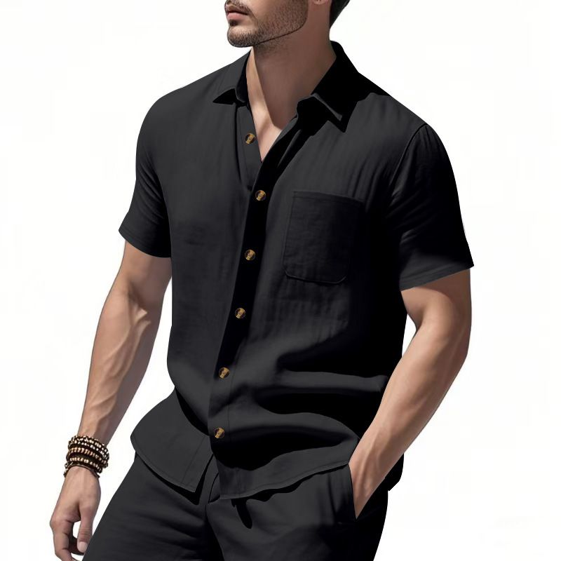 Summer Men's Woven Lapel Solid Color Large Size Casual Simple Business Short Sleeved Shirt Men_voghion.com