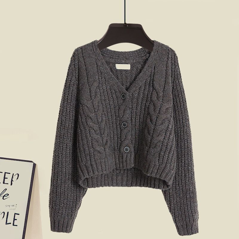 Completo da donna autunno/inverno composto da cardigan e abito in maglia, 2 pezzi – Completo elasticizzato snellente in grigio/beige/nero (M-4XL)_voghion.com