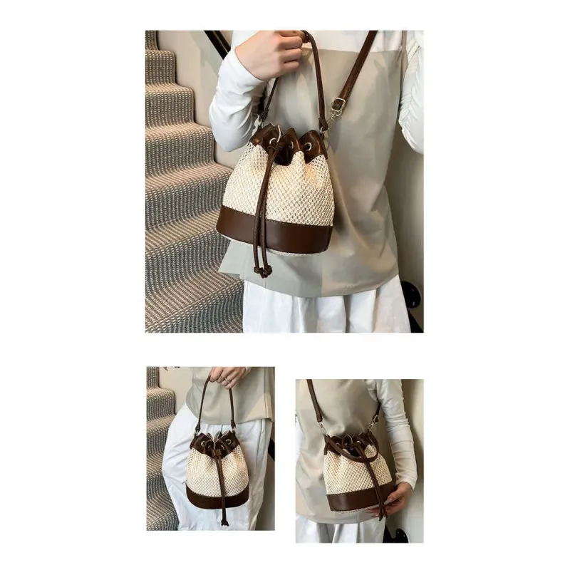 Borsa a secchiello di design di nicchia per donna, borsa a mano piccola, borsa a tracolla in paglia, stile alla moda e di alta qualità._voghion.com