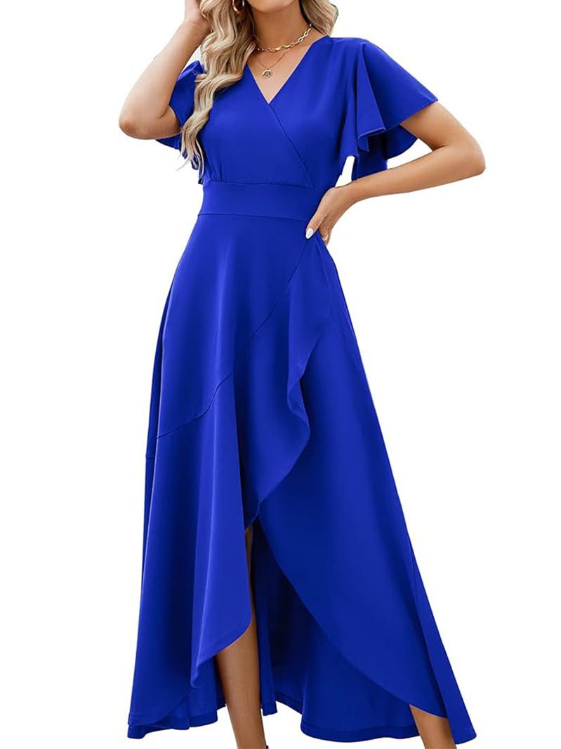 2025 Damen Rüschenärmel V-Ausschnitt Elegantes Abendkleid Frühling Sommer Polyester_voghion.com