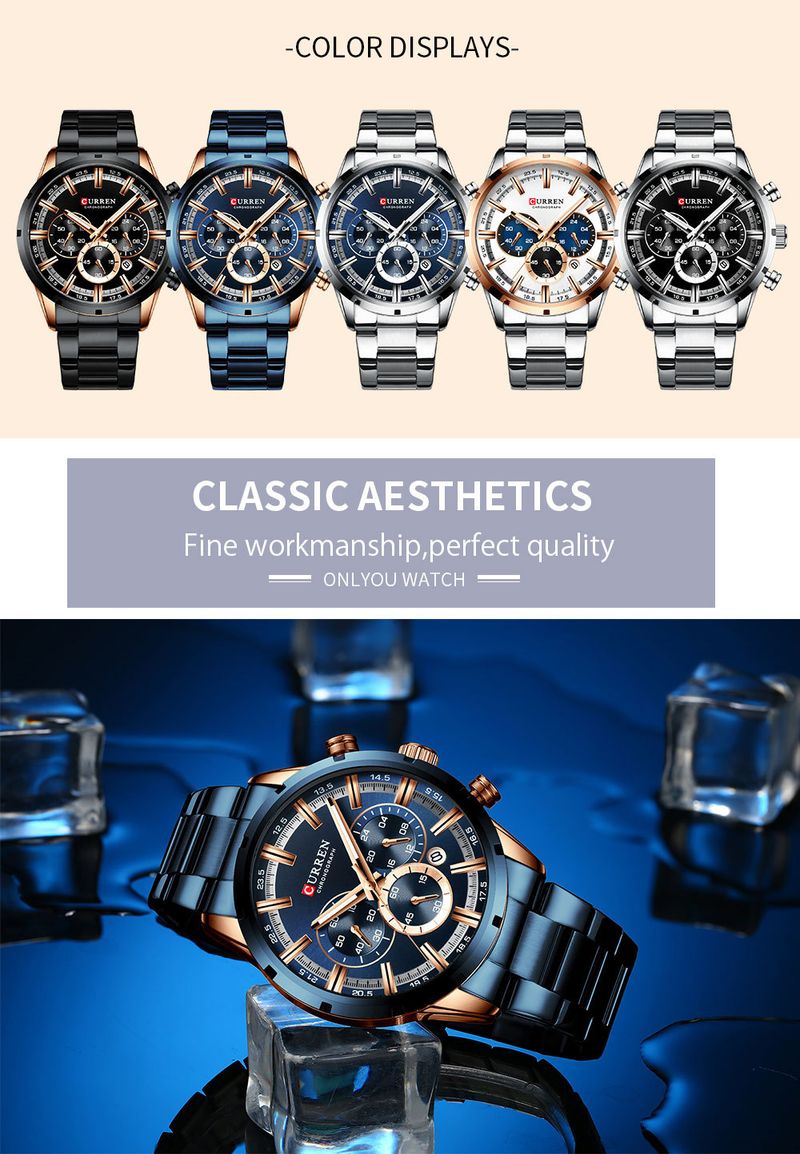 Men's Curren 8355 Multi-Function Analog Watch With Date Display, Water Resistant, Stainless Steel Case, Alloy Strap, Business Style_voghion.com