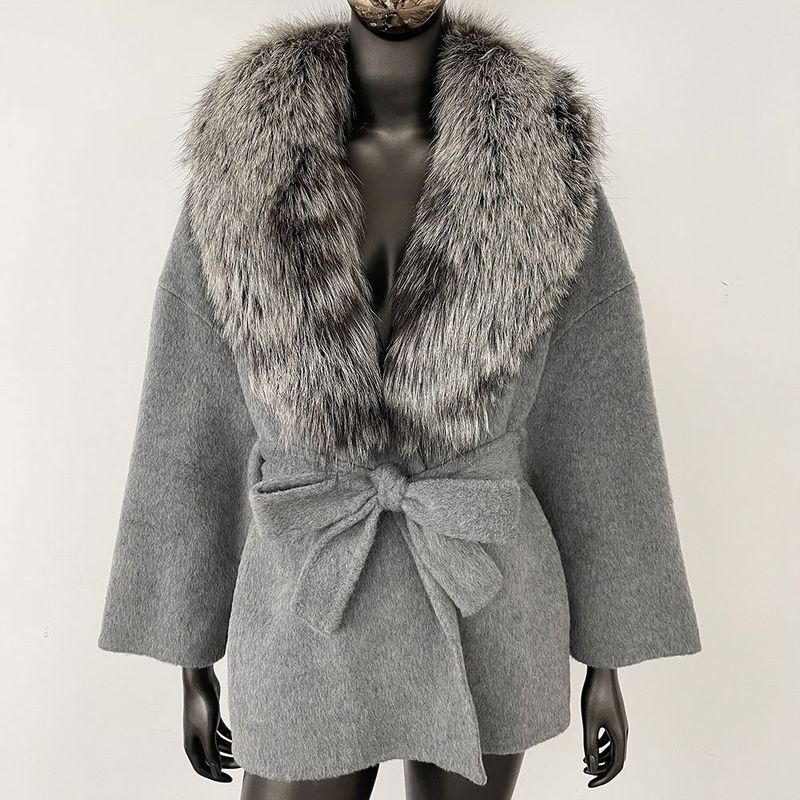 Kurzer Wollmantel für Damen mit Fuchspelzkragen – doppelseitige, übergroße Trenchcoatjacke, lässige, elegante Oberbekleidung, Winterblazer mit Gürtel (S/M)_voghion.com