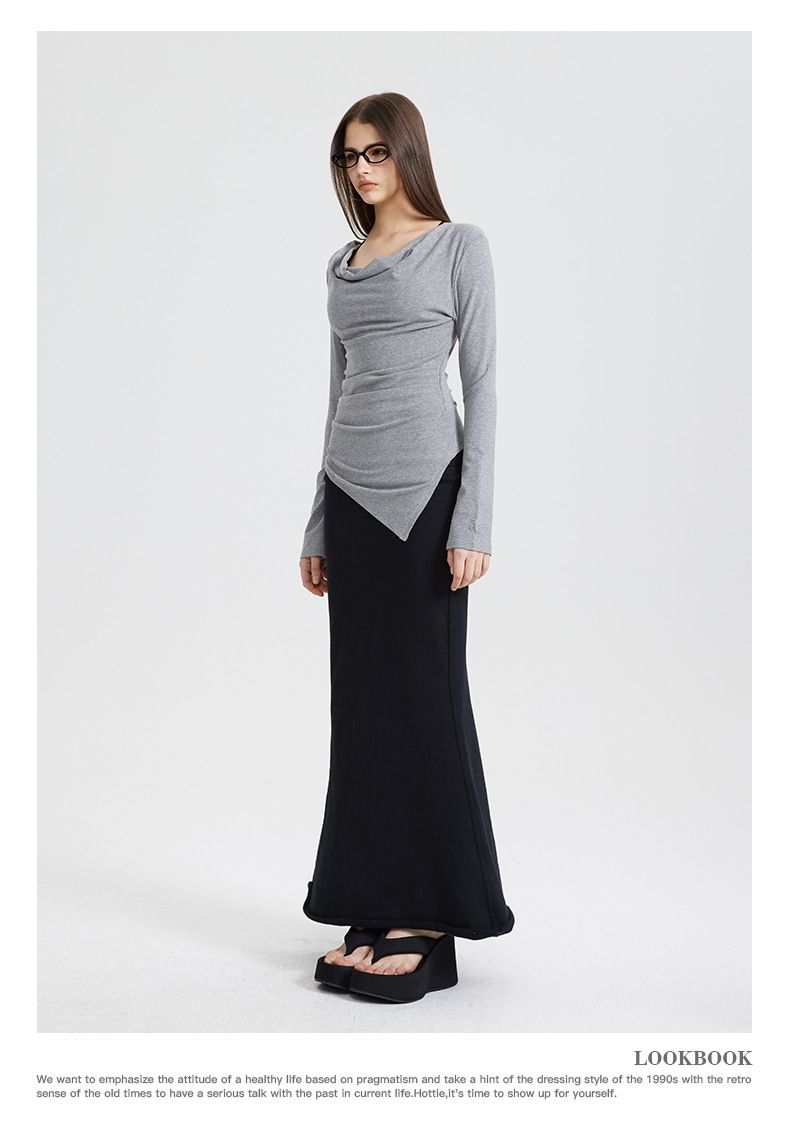 Abbigliamento da donna Top a maniche lunghe con spalle scoperte da donna - Maglietta basic asimmetrica sexy_voghion.com