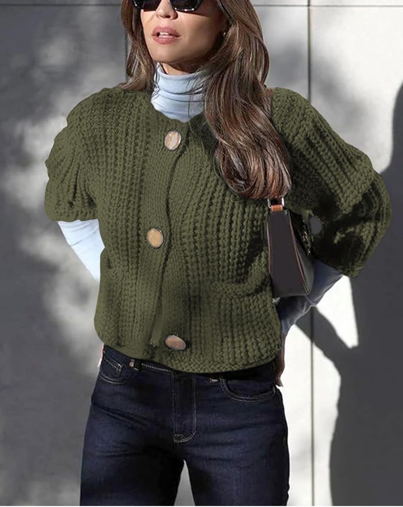 Women’s Chunky Knit Cardigan – Oversized V-Neck Button-Up Sweater (Red, Ivory, Navy, Army Green, Coffee, Black)_voghion.com