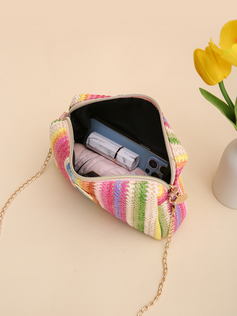 Rainbow straw bag 2023girl handbags woven camera bag versatile girls messenger bag chain bag_voghion.com