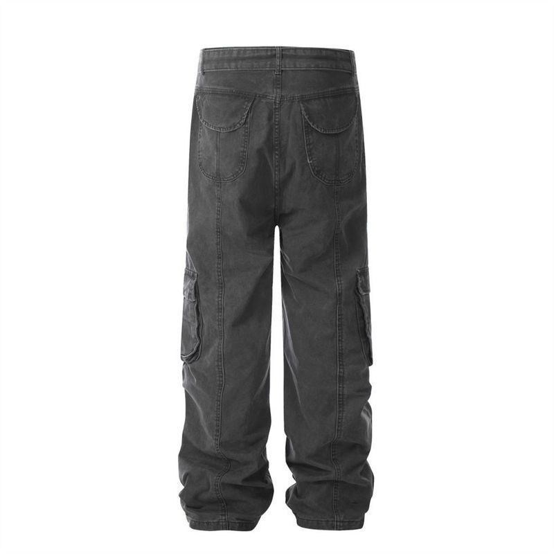 Pantaloni cargo in denim lavato Vibe Trendy Brand da uomo con tasche applicate tridimensionali, pantaloni larghi e dritti con più tasche_voghion.com
