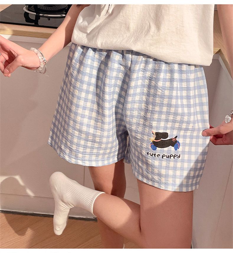 Summer Plaid Simple Pajama Pants Women's Summer Cloud Cotton Thin Beach Shorts Casual Home Pants--L_voghion.com
