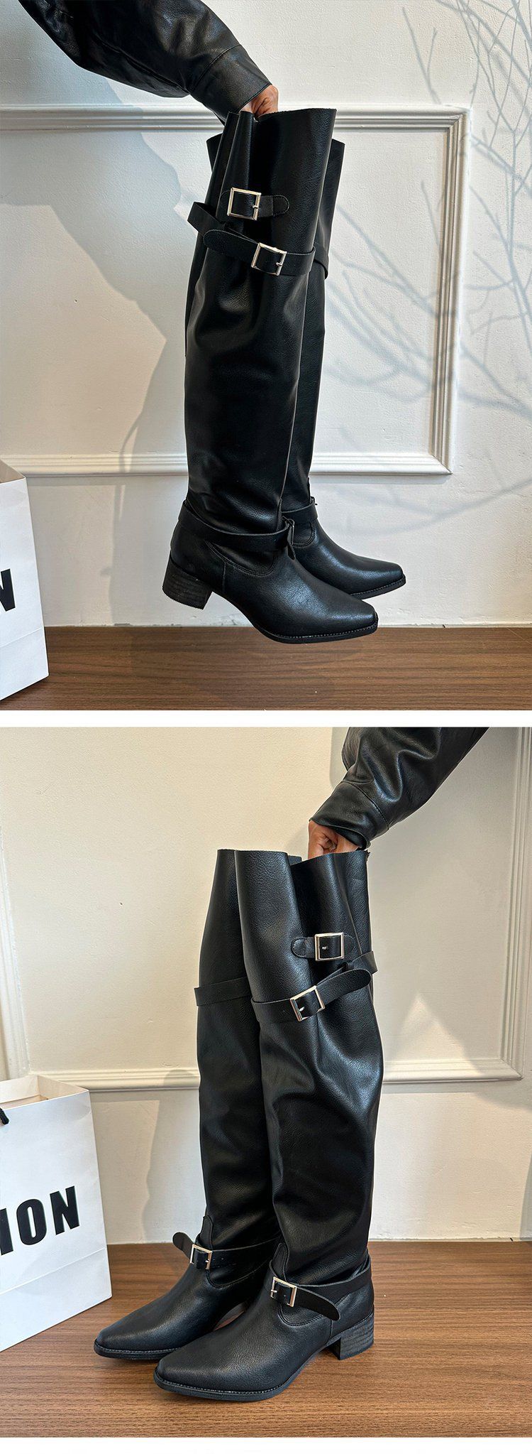 Schwarze kniehohe Stiefel mit dickem Absatz, Reitstiefel mit weitem Bein_voghion.com