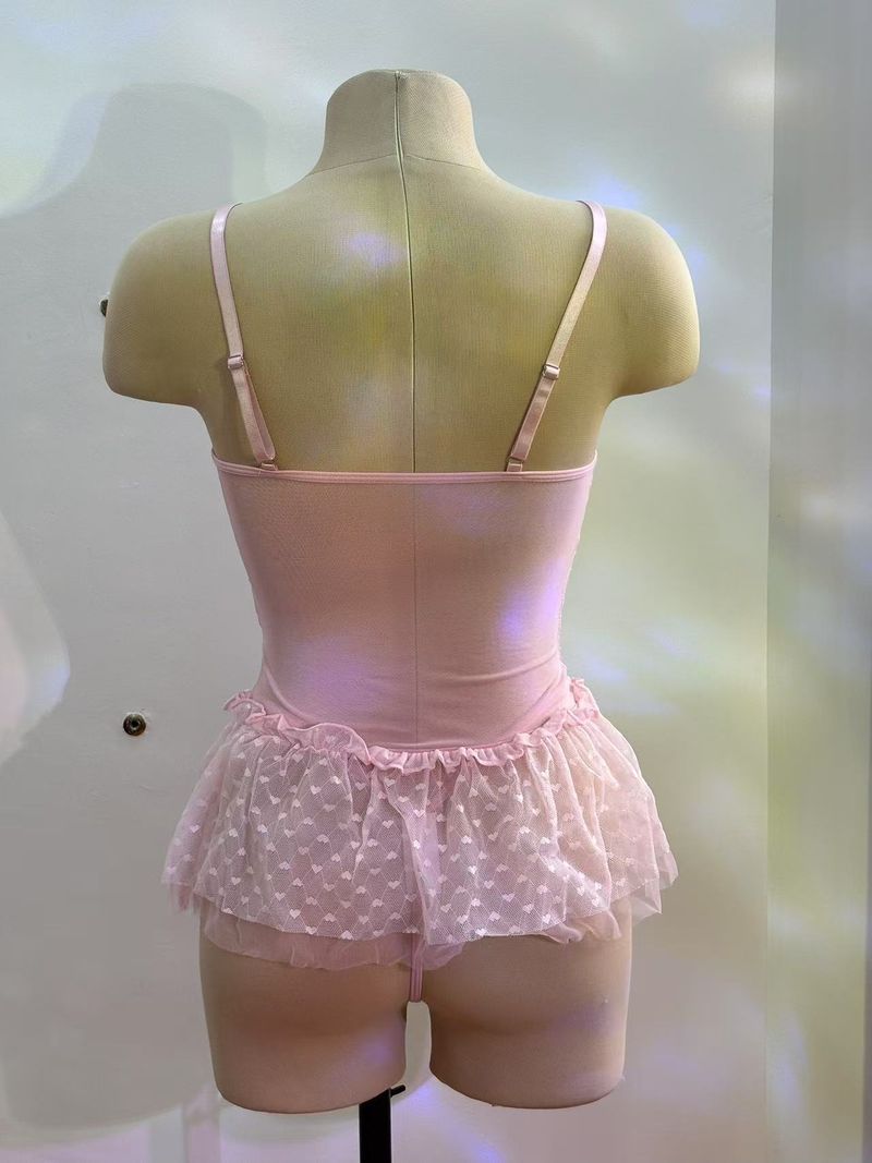 New Sexy Steel Ring Gathering Seductive Transparent Mesh Bow One-piece Lingerie_voghion.com