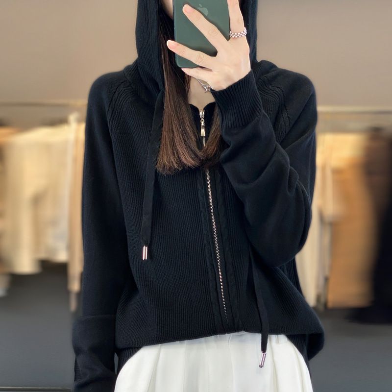 Double Zipper Knitted Cardigan Women's Hooded Sweater Autumn Winter New Loose Casual Solid Color Versatile Coat_voghion.com