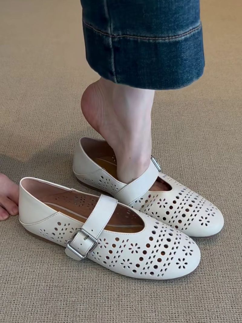 Lan Cabinet Edition ~ Ultra Soft Leather Hollow Strap Mary Jane Shoes Flat Breathable Shallow Ballet Flats_voghion.com
