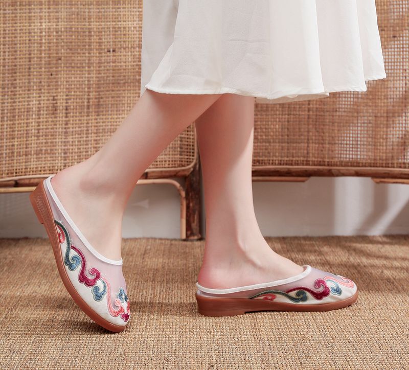 Slippers, Mesh Embroidered Fabric Shoes, Summer Cow Tendon Soles, Casual Women's Outerwear Sandals_voghion.com