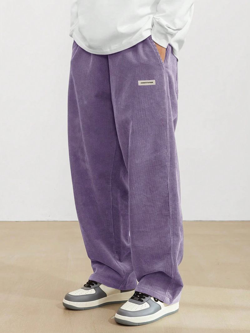Manfinity Hypemode Cordhose Für Herren Mit Weitem Schnitt, Mit Buchstaben Patch-Detail, Baggy-Langhosen, Schlichtes Outfit_voghion.com