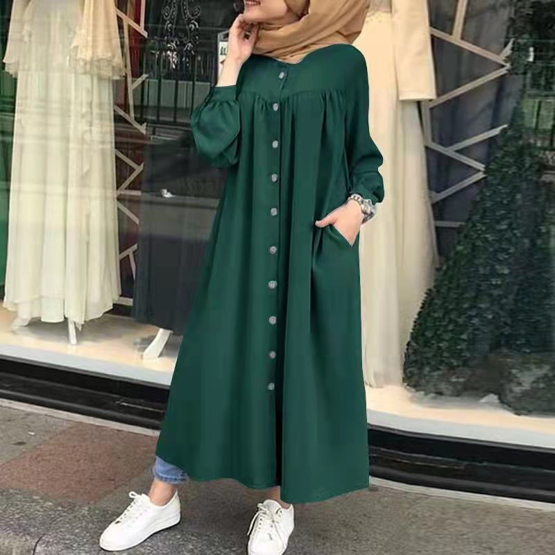 Damenkleid, einfarbig, Langarm, Tasche, Button-Down-Hemdkleid, lässige Robe_voghion.com