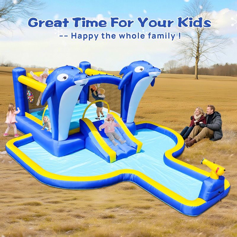 8 In1 Inflatable Slide Water Park Trampoline Bouncing House Outdoor Garden With Dolphin Sprinkler & Target Games & Water Gun & Basketball_voghion.com