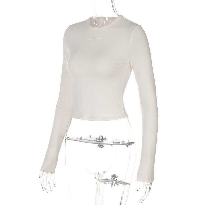 Fashion Women's Autumn New Item Solid Color Round Neck Long Sleeved Letter Printed Tight Fitting Inner Bottom Shirt Top_voghion.com