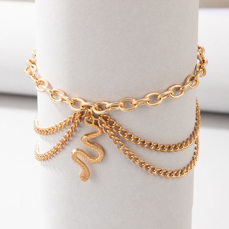 Fashion Jewelry Gold Heart Chain Tassel Snake Pendant Three-Layer Anklet For Women_voghion.com