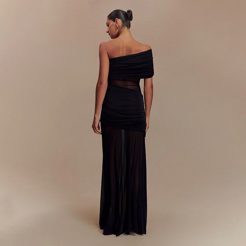 Abito bustier con pannello in rete trasparente e vita arricciata - Gonna midi fluida per donna, abbigliamento casual e per feste estive_voghion.com