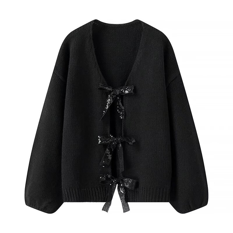 Cardigan en tricot ample à paillettes, deux couleurs, avec nœud de personnalité décoré, à la mode pour femmes_voghion.com
