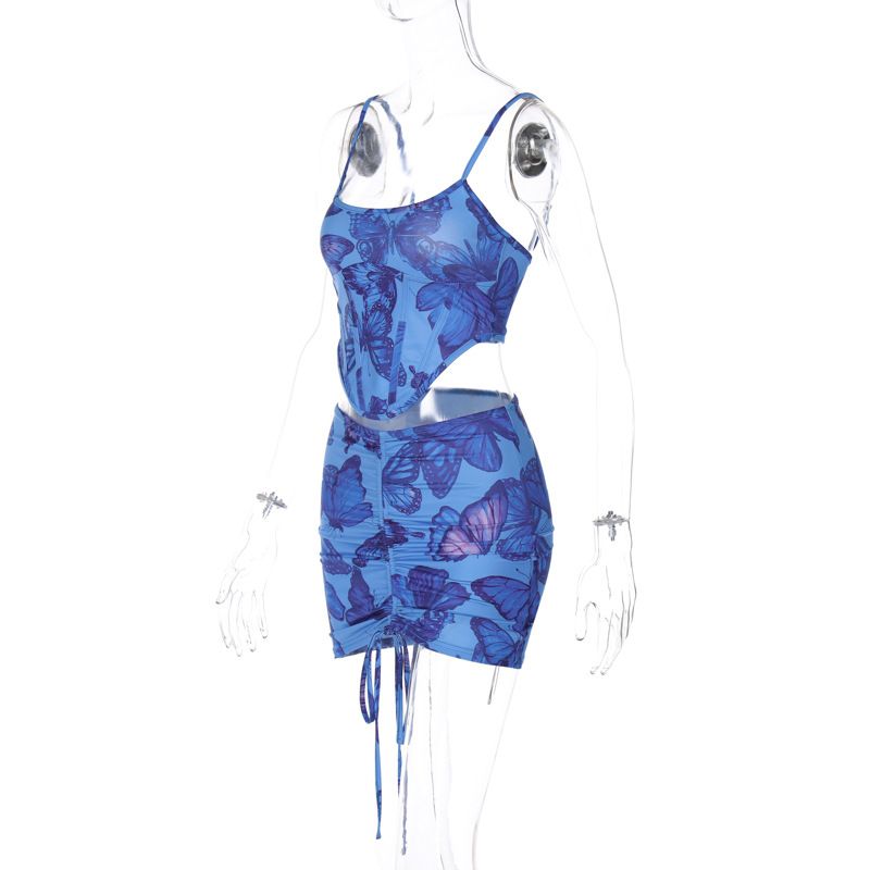 Women's 2023 summer new product sexy backless camisole top slim fit drawstring skirt set wholesale_voghion.com