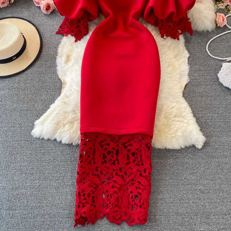 Îmbrăcăminte pentru femei Umăr retro lanternă rochie expusă rochie cu talie fustă înfășurată rochie cu o mânecă rochie rochie roșie antică cu guler cu fustă lungă_voghion.com