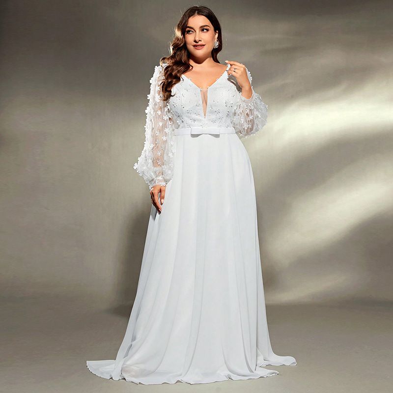 Elegantes Abendkleid mit V-Ausschnitt und langen Ärmeln für Damen – Abendkleid in Übergröße für Hochzeit, Bankett und Party_voghion.com