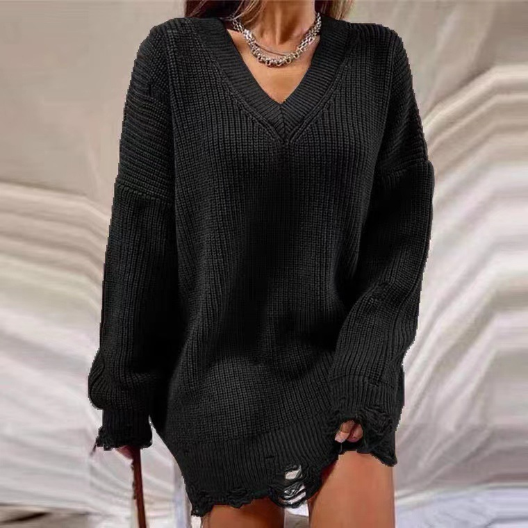 Pull ample à manches longues et col en V pour femme, couleur unie, déchiré, mi-long, épais, aiguille_voghion.com