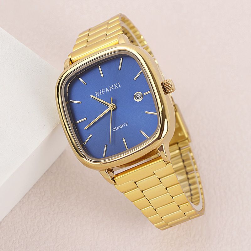 Neutral Style Steel Band Gold Small Square Calendar High-End Feel Unisex Commuter Wristwatch Gold Brick Quartz Watch_voghion.com