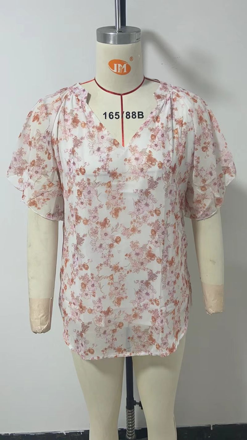 Women's clothing floral print V-neck pullover chiffon shirt_voghion.com