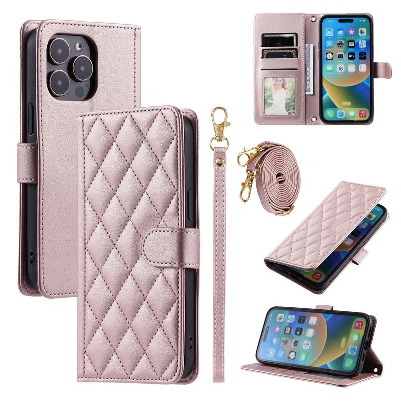 Funda con tapa para iPhone 16 Pro Max con diseño de pata de gallo y ranura para tarjetas, compatible con iPhone 15 y correa cruzada._voghion.com