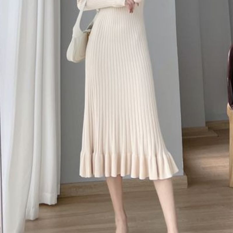 Abito in maglia a coda di pesce K da donna sopra il ginocchio, lunghezza midi, strato base aderente invernale con cappotto._voghion.com