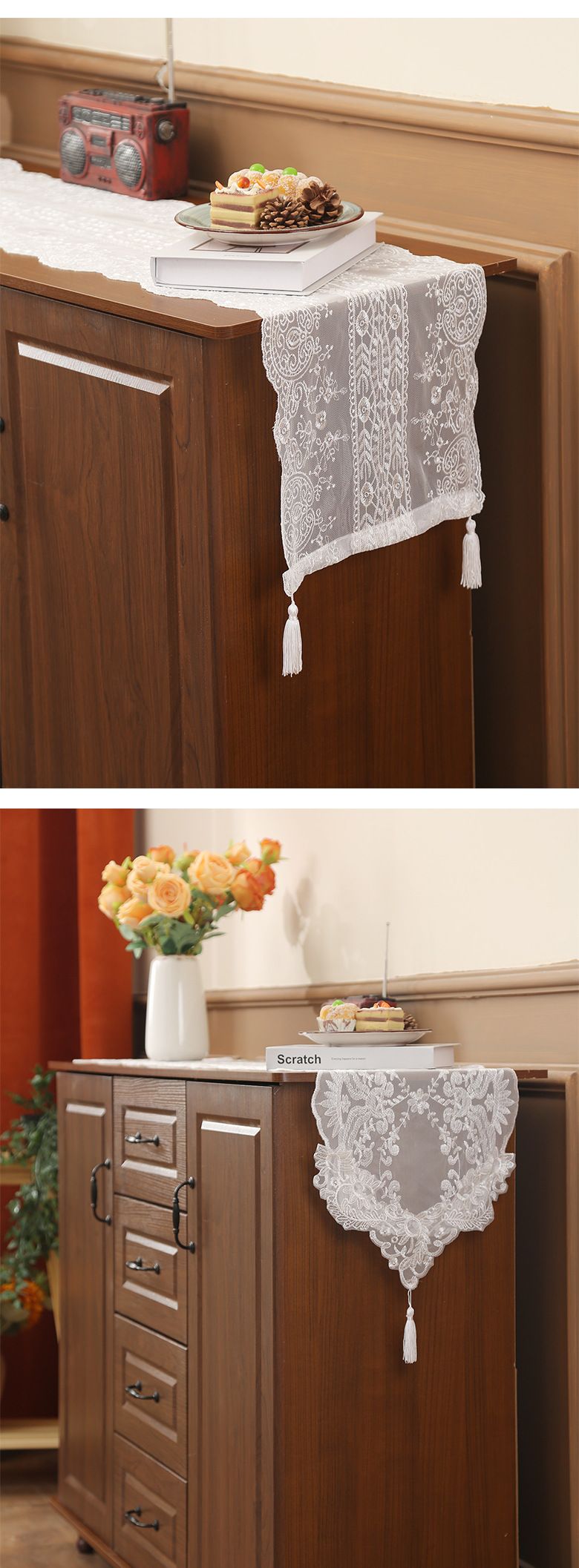 Elegant Lace Table Runner - Vintage Farmhouse Cover For Sideboard TV Stand & Coffee Table (150x40cm Boho Chic Decor Handmade Crochet Washable Cotton)_voghion.com