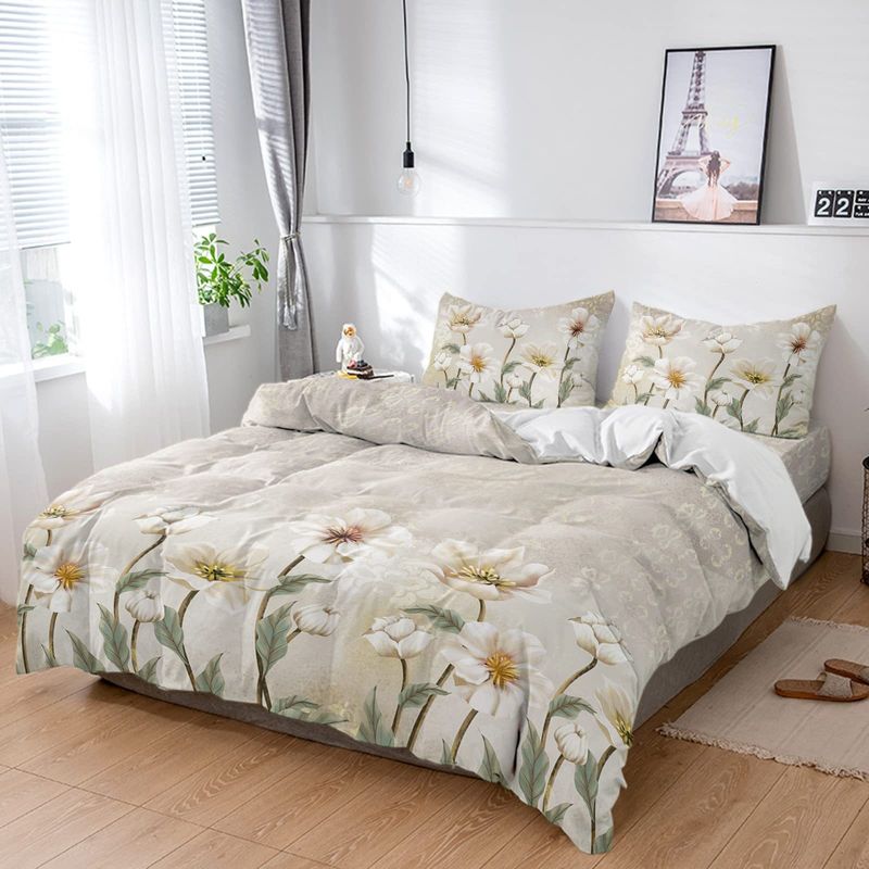 Zestaw pościeli Retro White Floral, trzyczęściowy, poszewka na kołdrę, miękki poliester, faktura frezowanego aksamitu_voghion.com