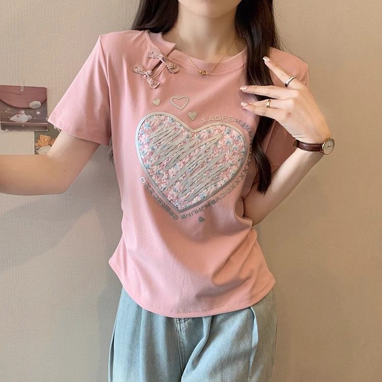 Maglietta a maniche corte stampata in stile cinese con fibbia a piastra per donna 2024 nuova maglietta interna bianca estiva, top snellente_voghion.com