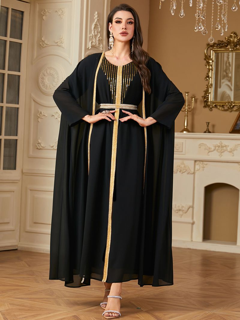 Vêtements pour femmes transfrontaliers du Moyen-Orient Robe arabe Mode paillettes broderie mousseline de soie deux pièces robe Europe et Amérique_voghion.com