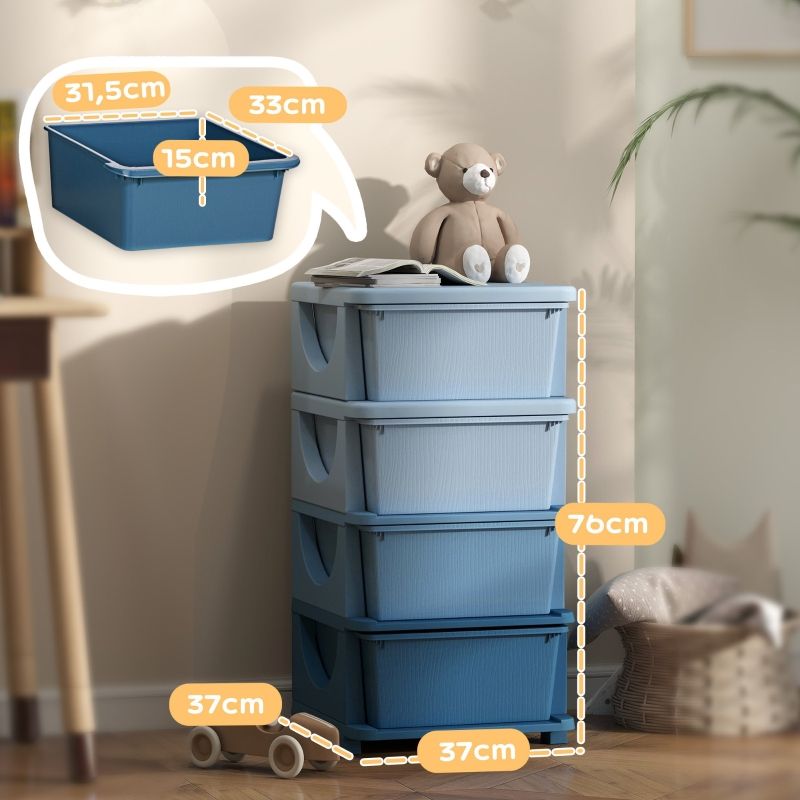 Aufbewahrungsbox Für Kinder Mit 4 Schubladen, Abgerundete Kanten, Kunststoff, Blau_voghion.com