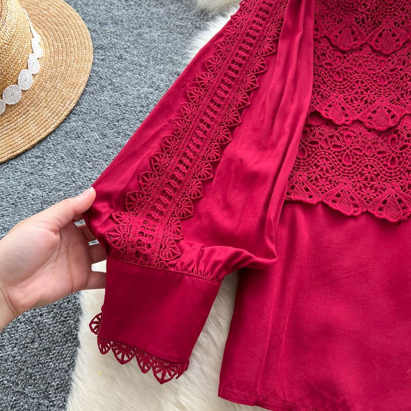 Damenbekleidung Palaststil Hohlhaken Blume Licht Reife Schwester Anzug Weiblicher Sommer Langarmhemd Elastische Taille Langer Rock_voghion.com