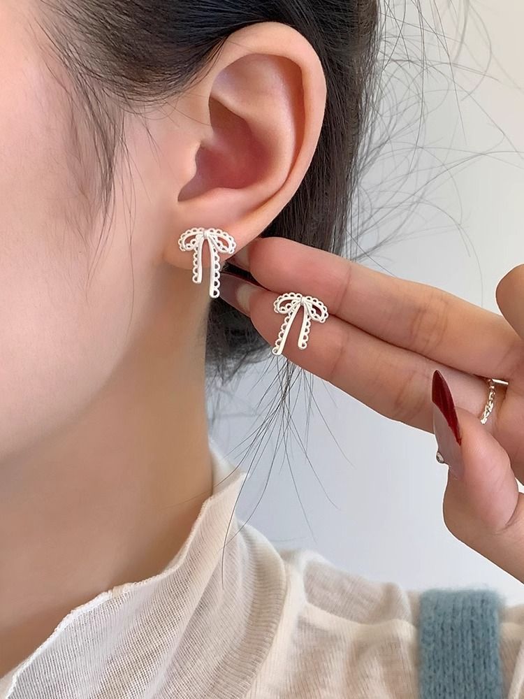 Tiqi S Pure Sier Ballet Style Matte Bow Feminine Temperament, Sweet Lace Fashion Earrings, Trendy_voghion.com