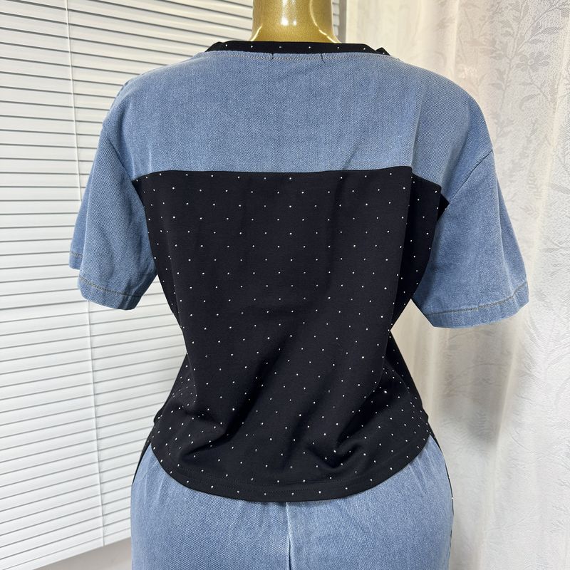 Sommer nyt modesæt til kvinder: Denim-syet hot diamant T-shirt med korte ærmer + afslappet lige, vide benbukser i to dele_voghion.com