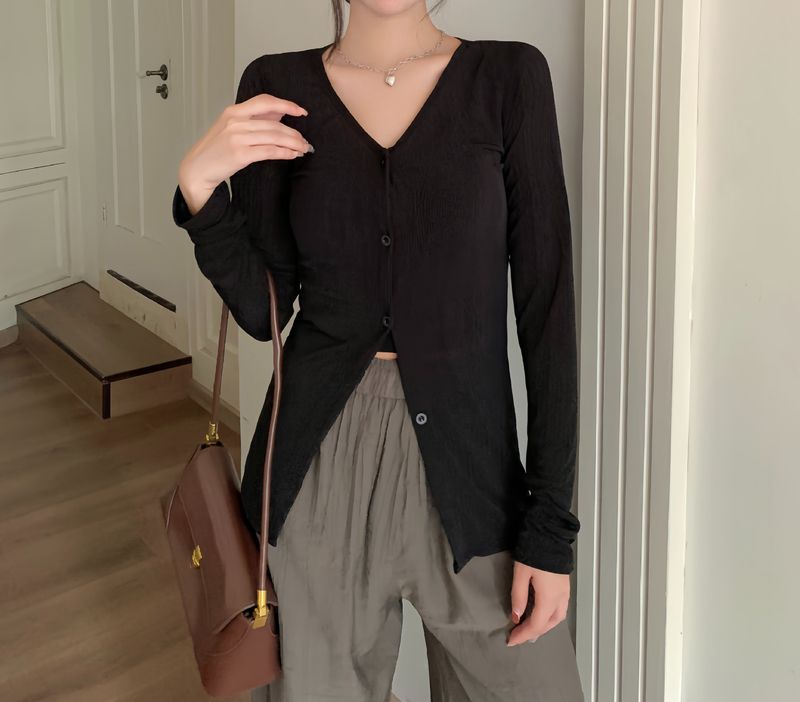 Tanek ledeno svilen kardigan za sončenje za ženske poleti 2024, z novim temperamentom V-izreza, nišnega slim kroja,_voghion.com