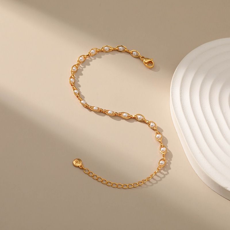 Brass Plated K Real Gold Small Jewelry Synthetic Pearl Bracelet Elegant Ins Style Textured Hand Jewelry_voghion.com
