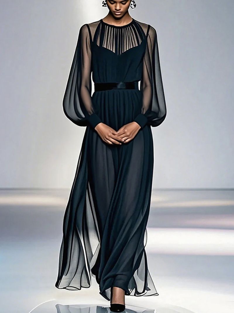 Completo due pezzi in rete nera – Elegante abito lungo a vita alta con maniche lunghe e rivestimento trasparente (nero senza tempo, versatilità dall'ufficio al cocktail)_voghion.com