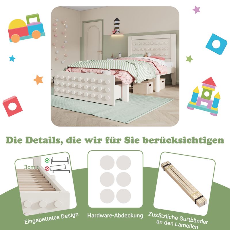 Holzbett 90x190cm Mit Blockdesign, Massivholz, Schubladen, Stauraum, Blanc_voghion.com