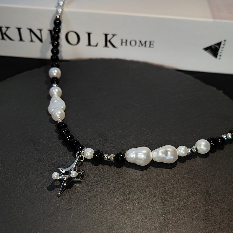 2025 New Arrivals Punk Star Pendant Baroque Women Asymmetric Black White Pearl Stainless Steel Necklace Jewelry_voghion.com