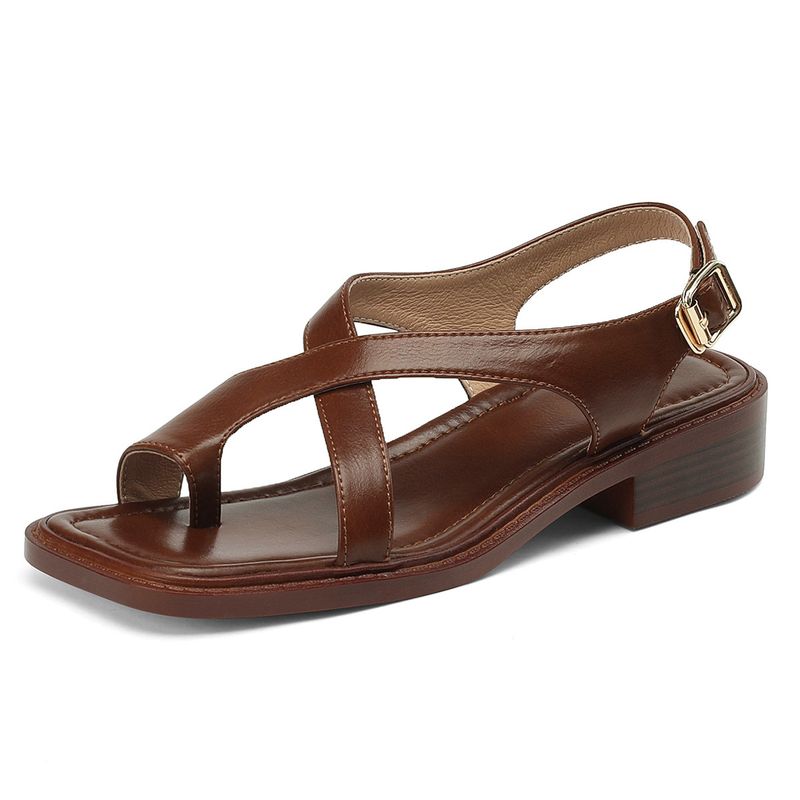 French Style Flat Toe Post Sandals For Women New Summer New Brown Black Comfortable Roman Shoes_voghion.com