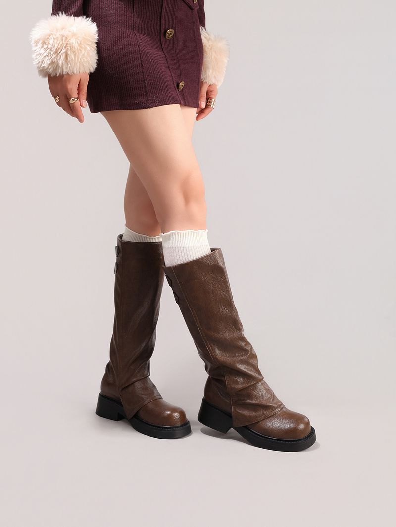 WEIBENA Damen Chelsea-Stiefel mit dicker Sohle und elastischer Wadenmitte, zum Hineinschlüpfen, runde Zehenpartie, Knöchelstiefel mit Faltendesign für die Freizeit im Herbst und Winter_voghion.com